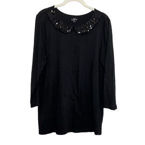 Loft Factory Womens Knit Top Large Black Sequined Peter Pan Collar 3/4 Sleeve